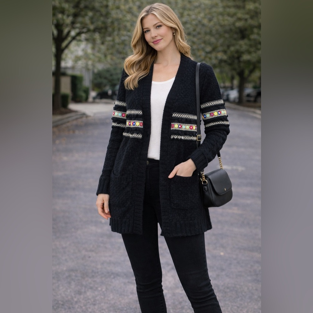 Black Knit Cardigan with Colorful Embellishments